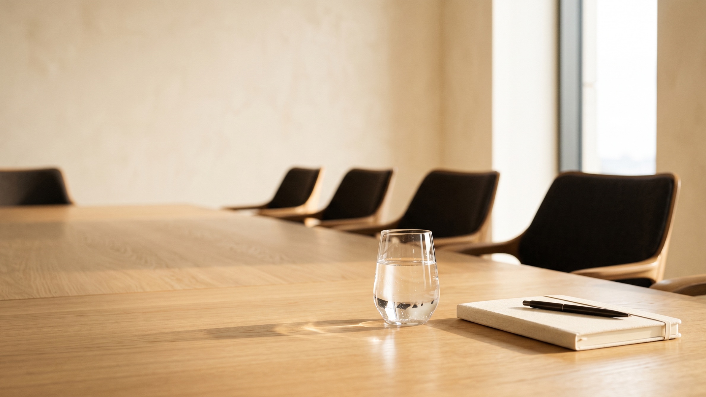 A glass of still water and a closed cream notebook with a pen on an empty oak meeting table, morning light from a window and dark chairs waiting in the background.