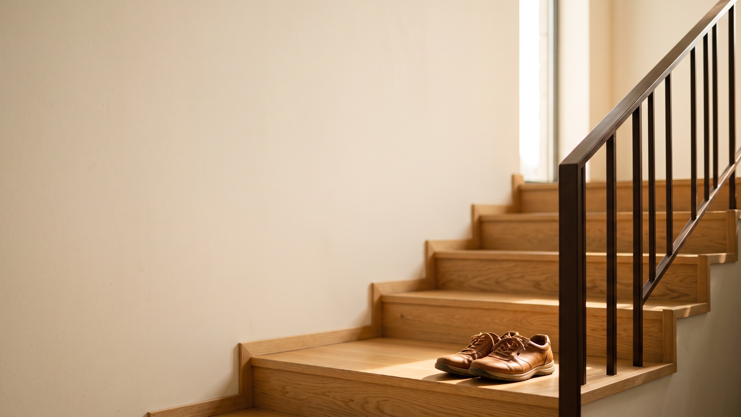 An empty office stairwell in warm afternoon light: pale oak steps, a dark metal handrail and a pair of tan leather walking shoes resting on the lowest step, beside a plain cream wall.