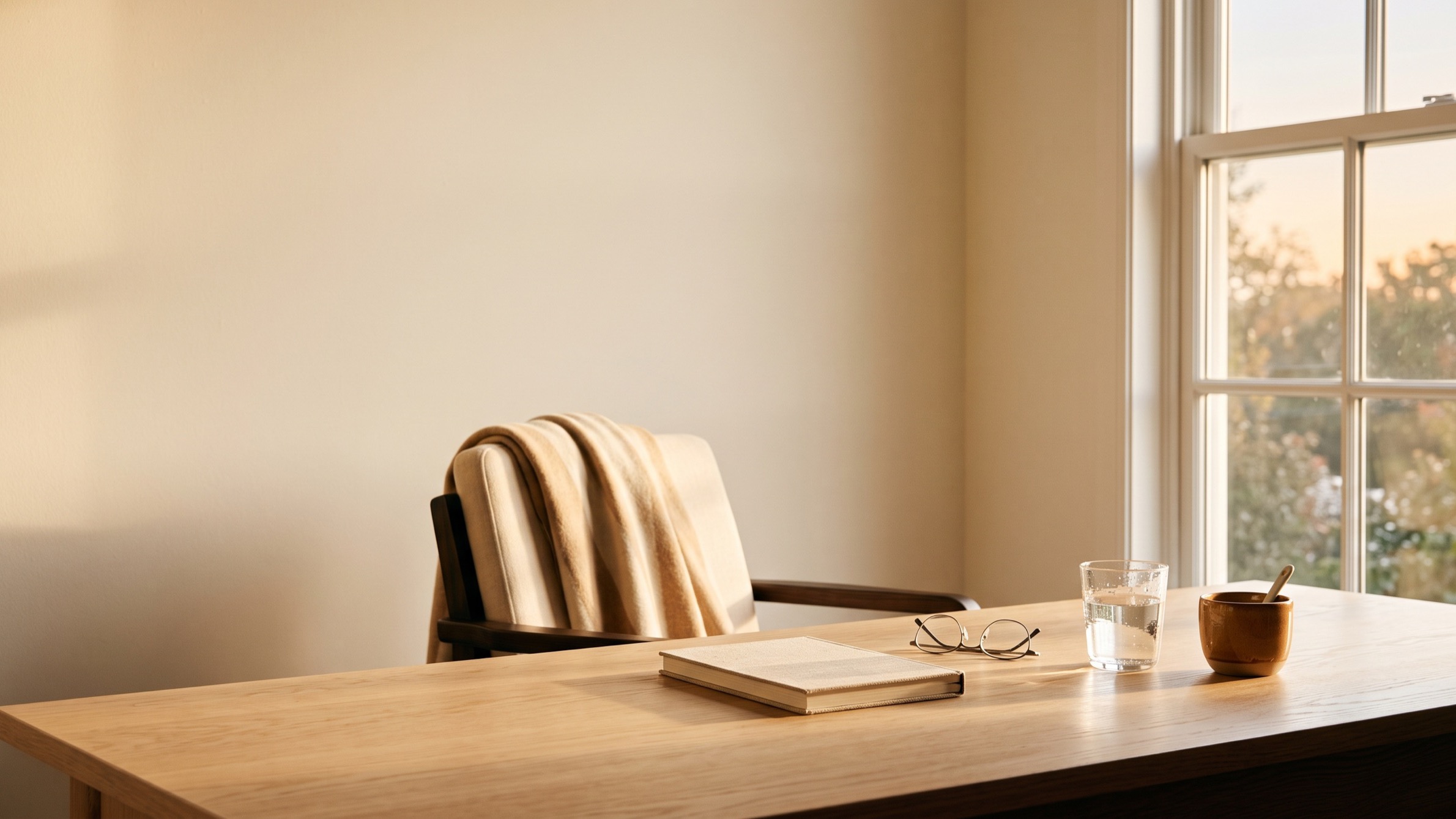 An empty desk chair with a wool throw at a pale oak desk, low morning sun from a tall window lighting a closed notebook, reading glasses, a glass of water and a brown ceramic cup.